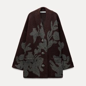 Zara Chocolate/Burgundy Floral Knit Cardigan